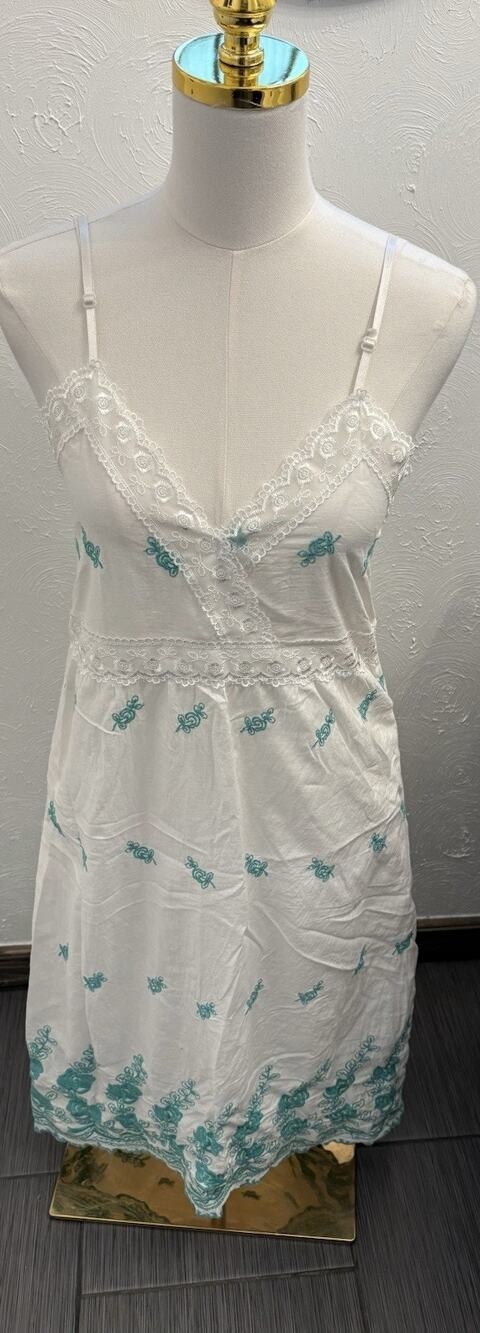 Luv 2 Luv Cami Tank White Cotton Dress Size Small Turquoise Flowers Boho